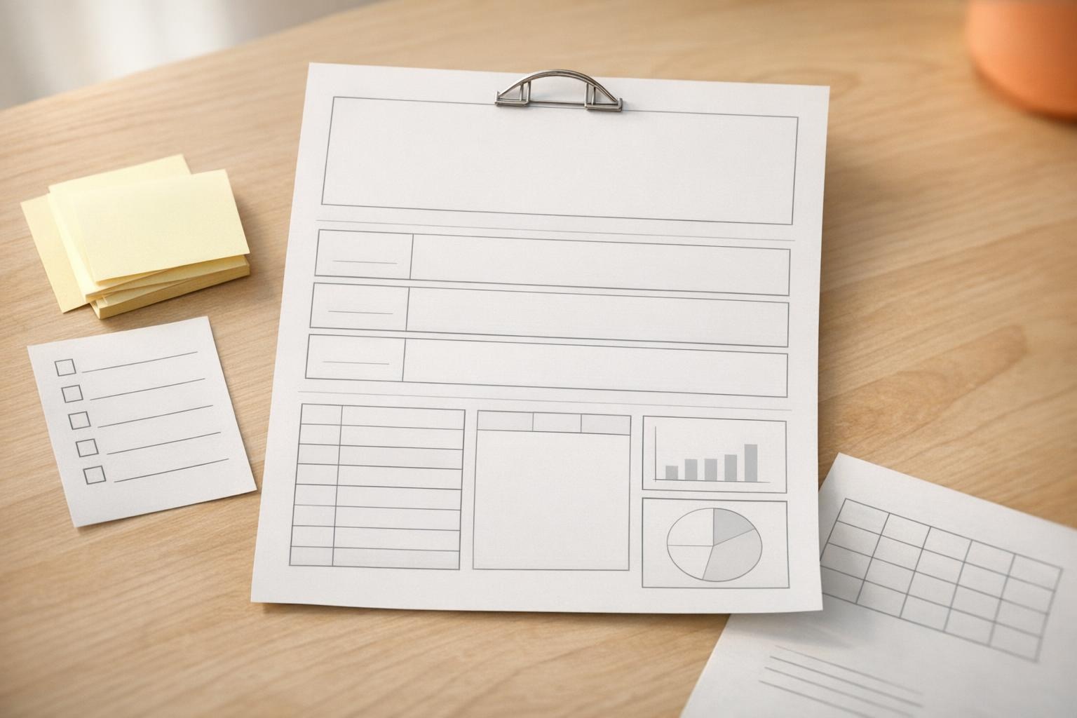 Minimal scorecard template with blank metrics table and behavior blocks on a clean desk.