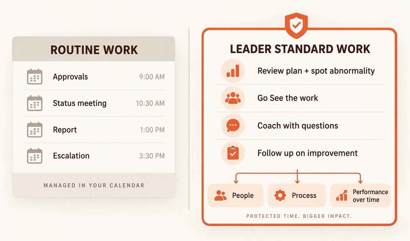 Side-by-side comparison showing routine work such as approvals and meetings managed on a calendar, versus leader standard work that protects reviewing performance, going to see the work, coaching, and improvement follow-up for people, process, and long-term performance.