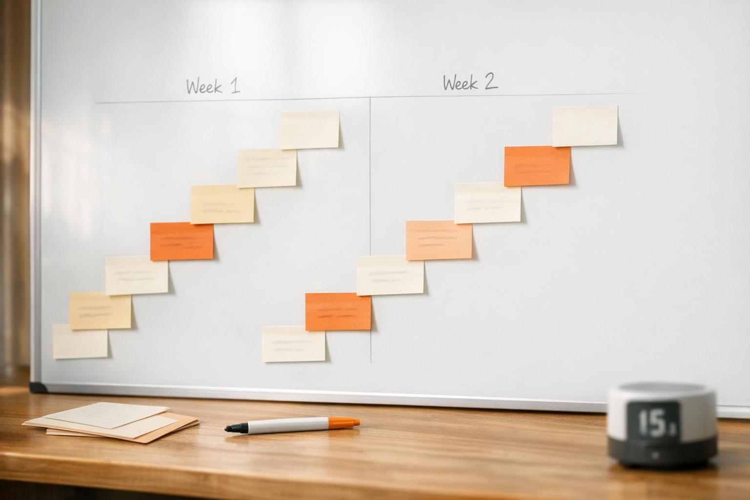 Two-week sprint visual on whiteboard using sticky notes arranged as a staircase grid.