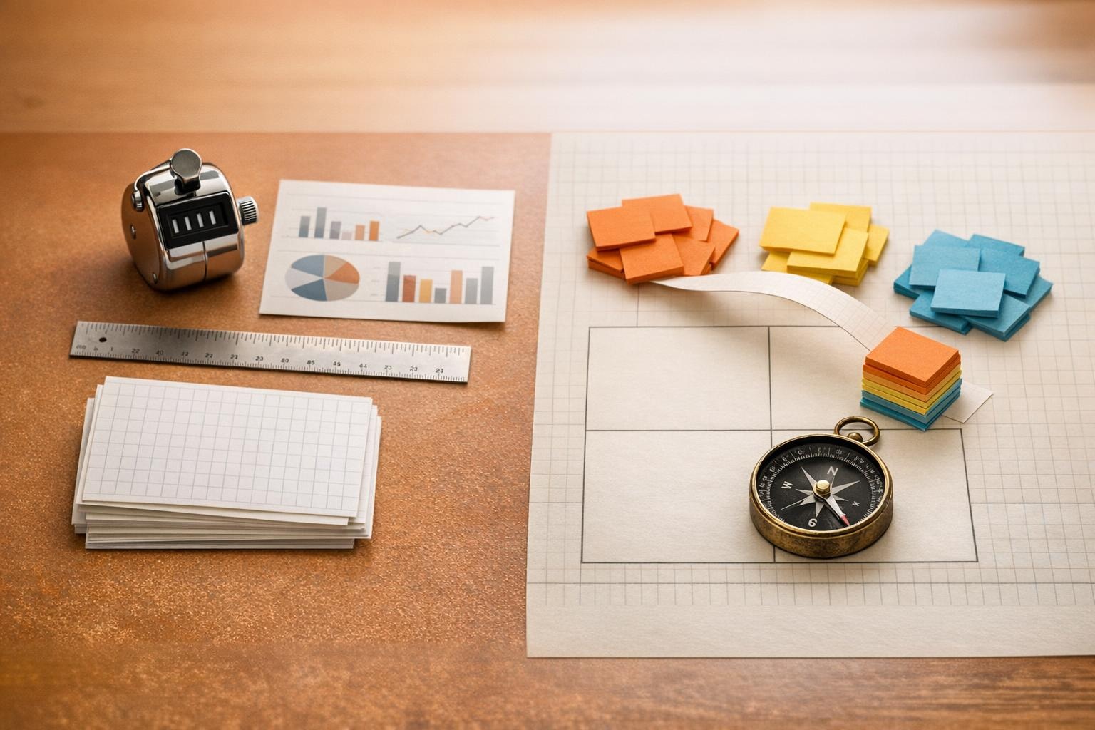 Compass and decision matrix beside blurred score tools and sticky notes converging into one plan.