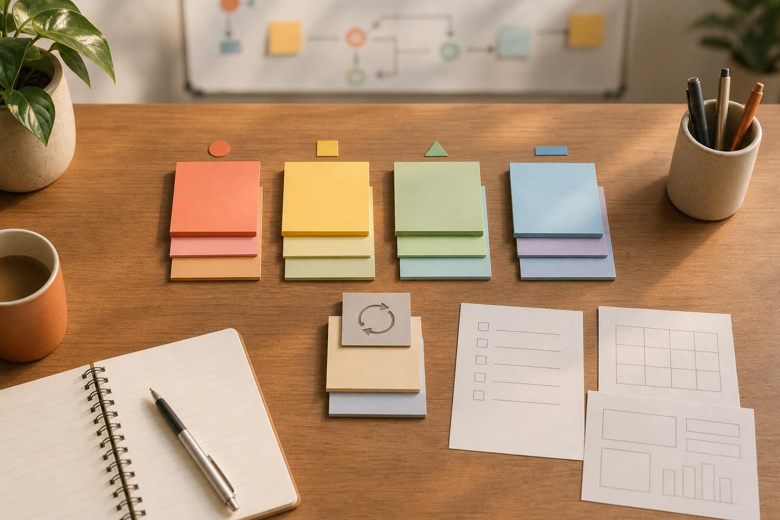 Four clusters of sticky notes arranged as a weekly planning timeline on a desk.