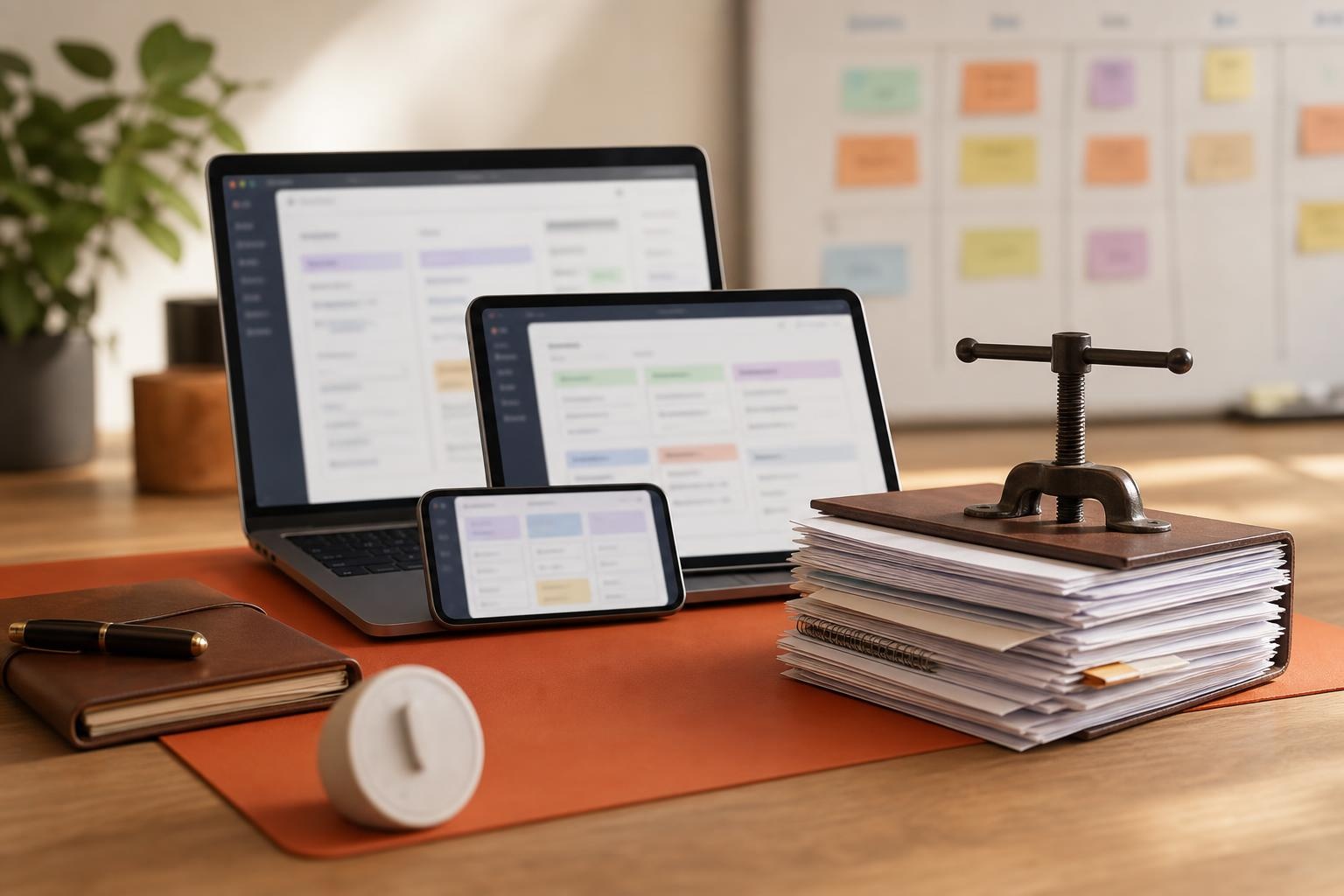 Stacked devices and clamped papers show tool overload constrained by limited capacity.