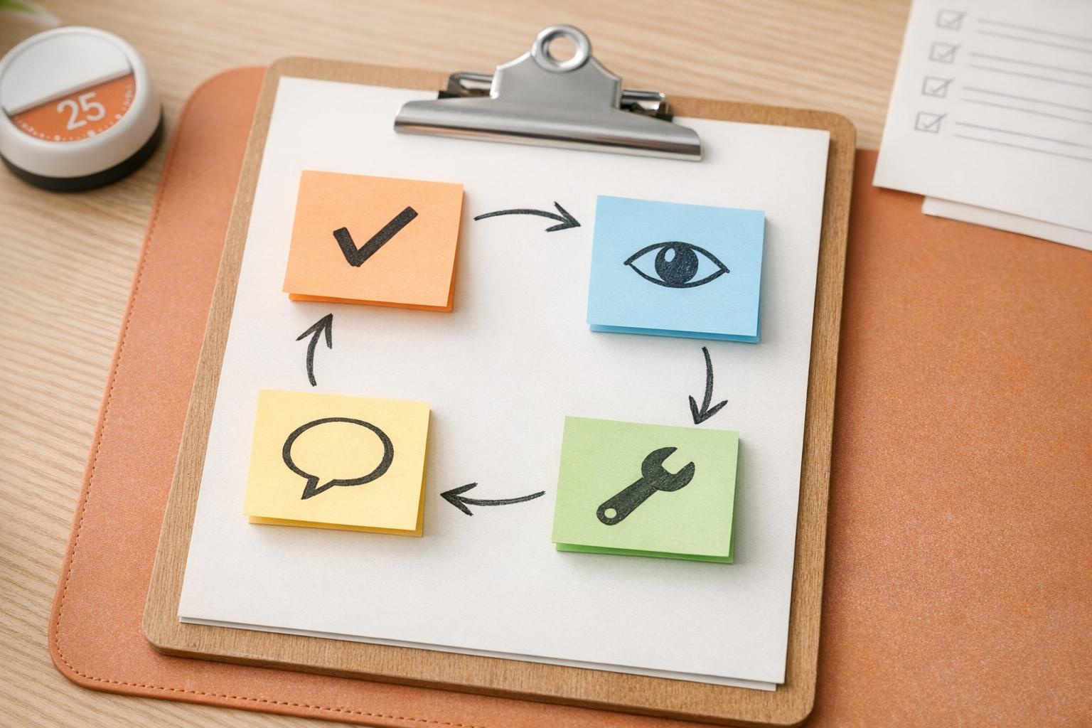 Four sticky notes form a circular loop with arrows and simple icons on a desk.