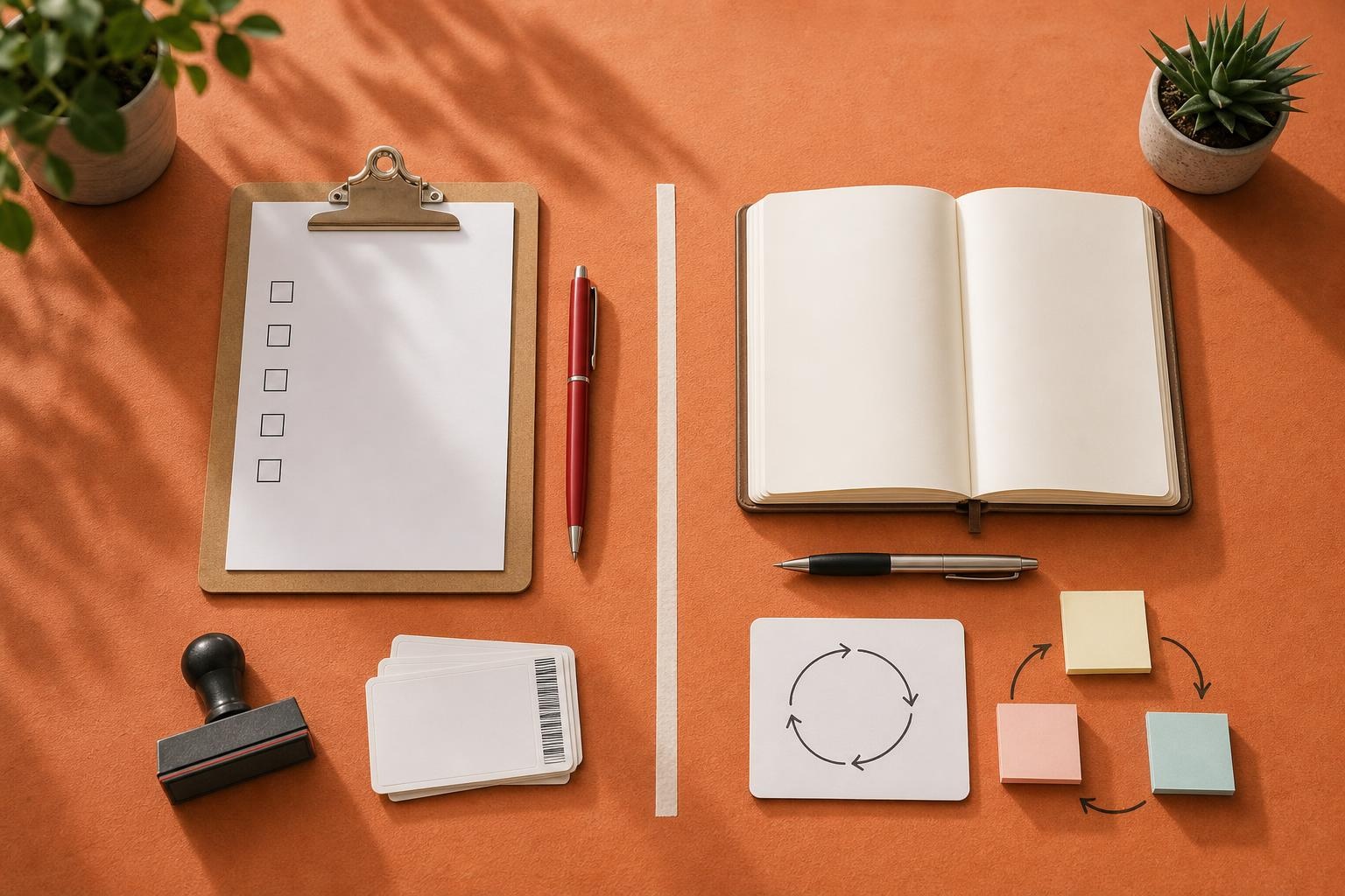 Two desk lanes comparing checklist inspection tools versus listening and feedback-loop tools.