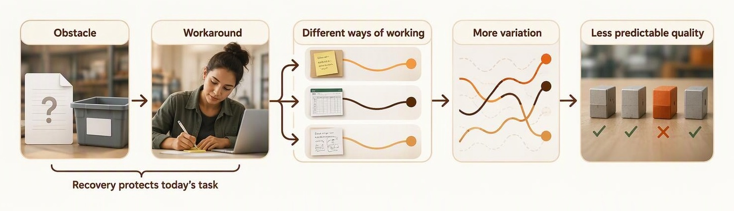 Process diagram showing an obstacle leading to a workaround, several unofficial ways of working, more process variation, and less predictable quality.