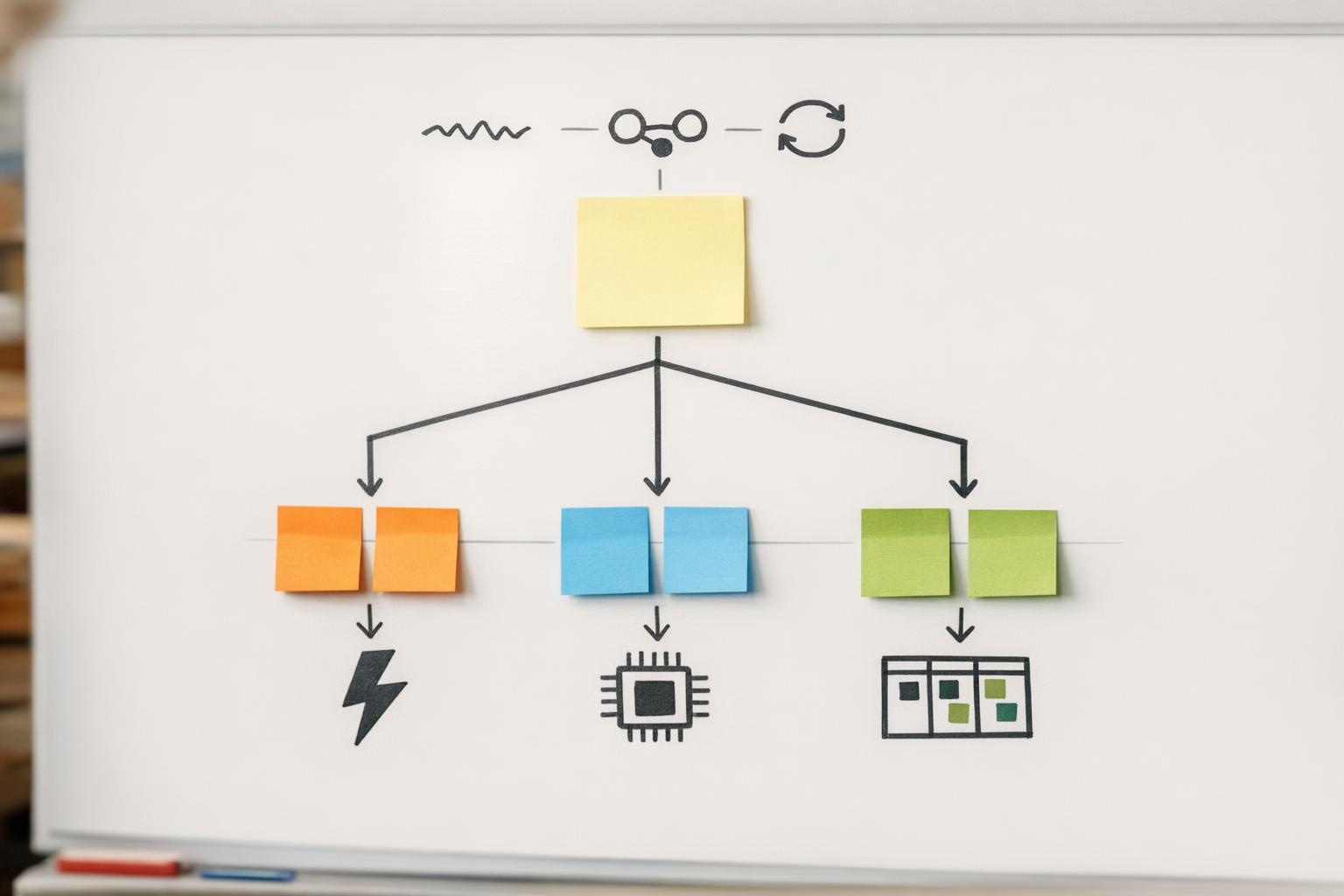 Sticky-note decision tree with three branches and icons on a whiteboard.