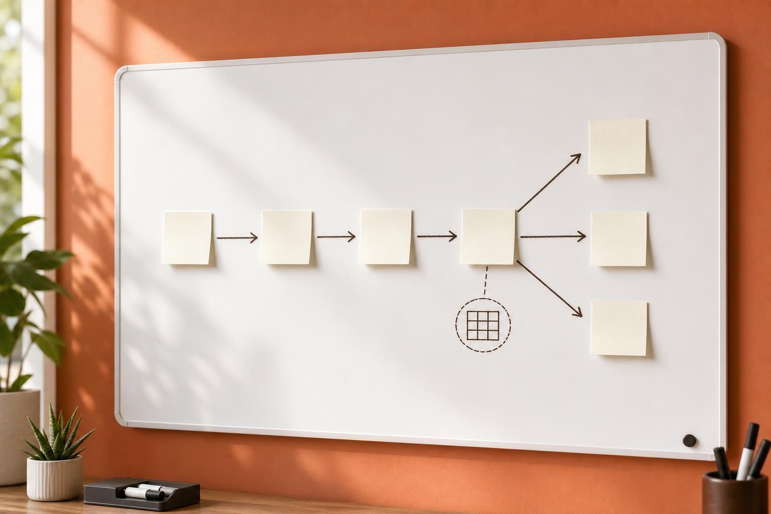 Whiteboard flowchart made of sticky notes and arrows showing a pilot decision process.