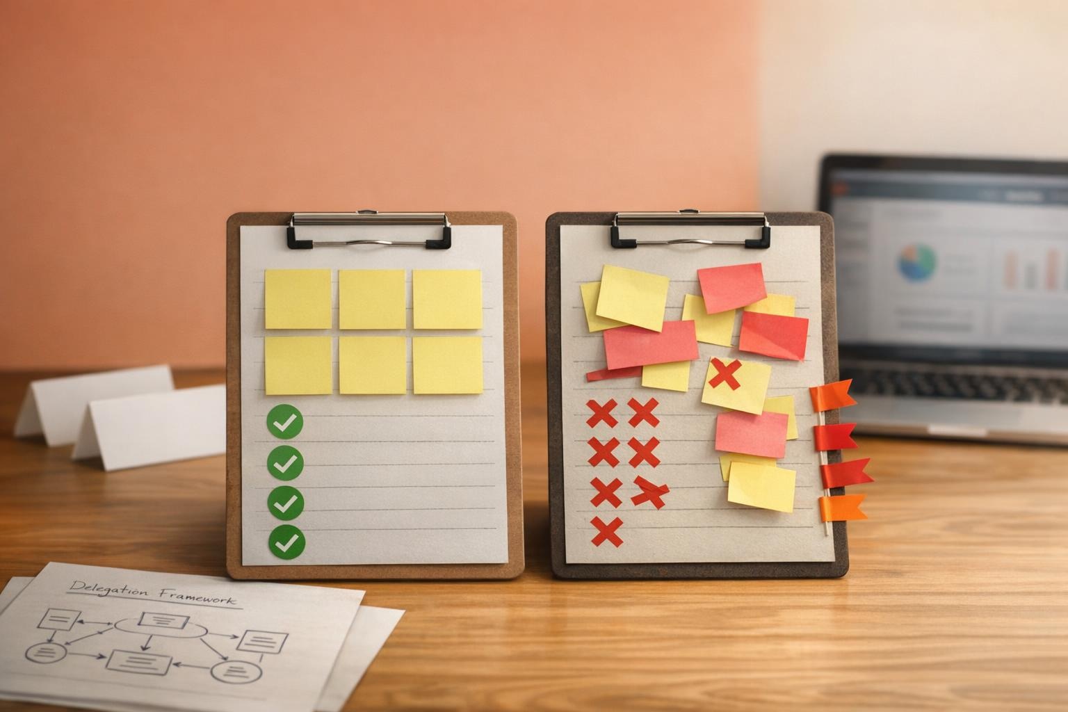 Two boards side by side showing aligned versus misaligned sticky-note handoffs with check and X stickers.