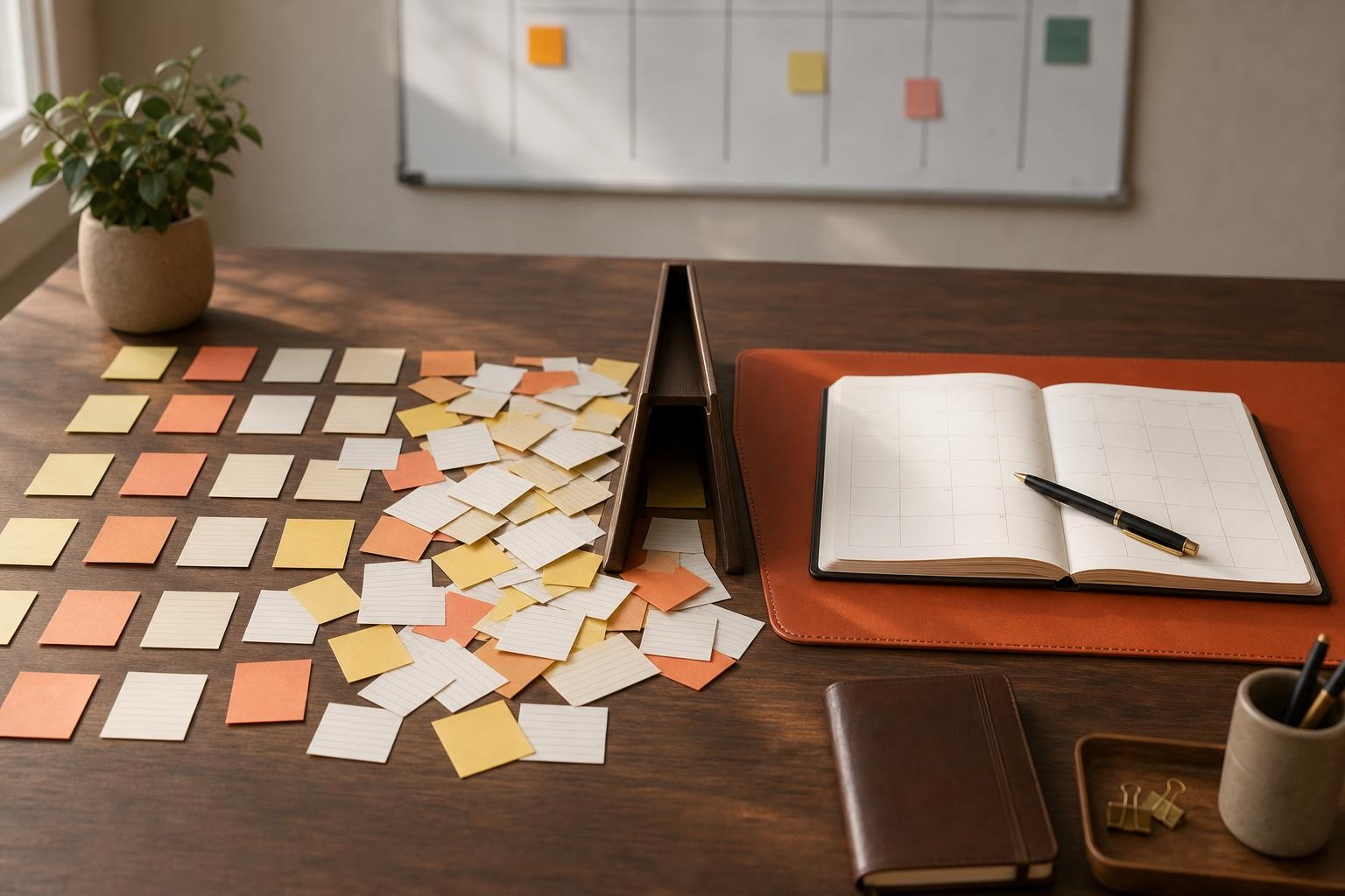 Sticky notes funnel into a single planner, showing leadership bottleneck and dependency.