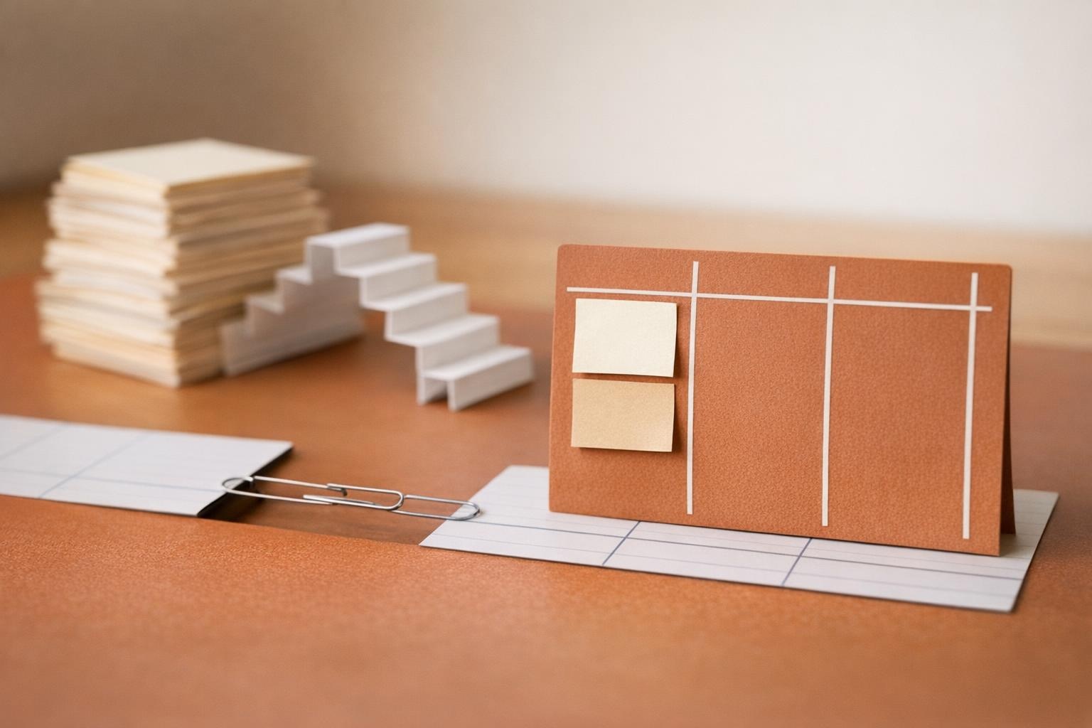 Priorities vs Backlog Visual System Kanban board with a few priority sticky notes and a blurred backlog stack.