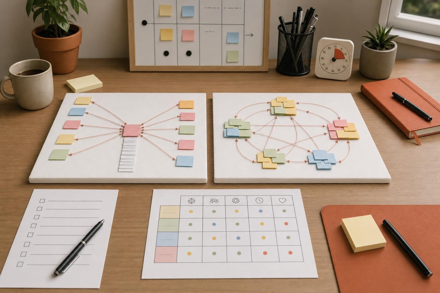 Hero Bottleneck vs Scalable Leadership Two desk boards show bottleneck hub versus distributed network of tasks and decisions.