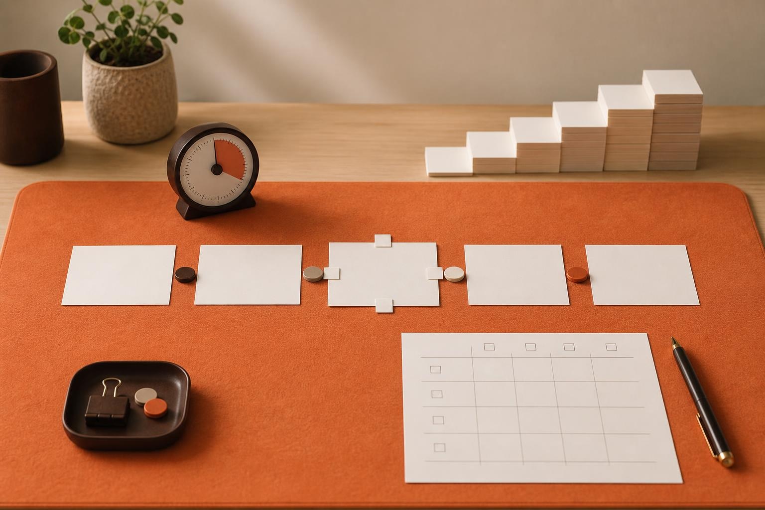 Blank cards arranged as a timeline beside a focus timer on a tidy desk.