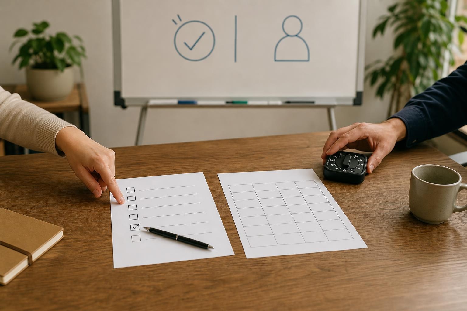 Checklist and decision matrix on a table, with hands confirming ownership calmly.