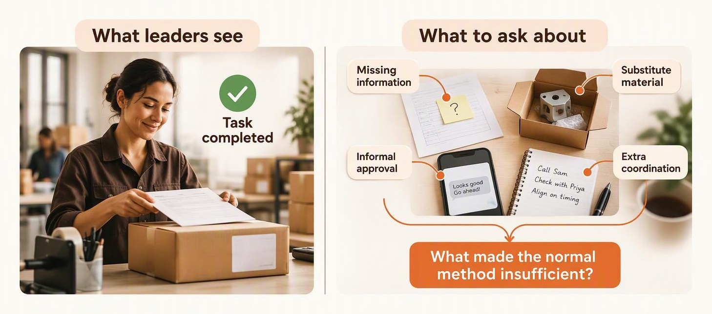 Side-by-side Gemba walk comparison showing that a completed task can conceal missing information, substitute materials, informal approvals, and extra coordination used to finish it.