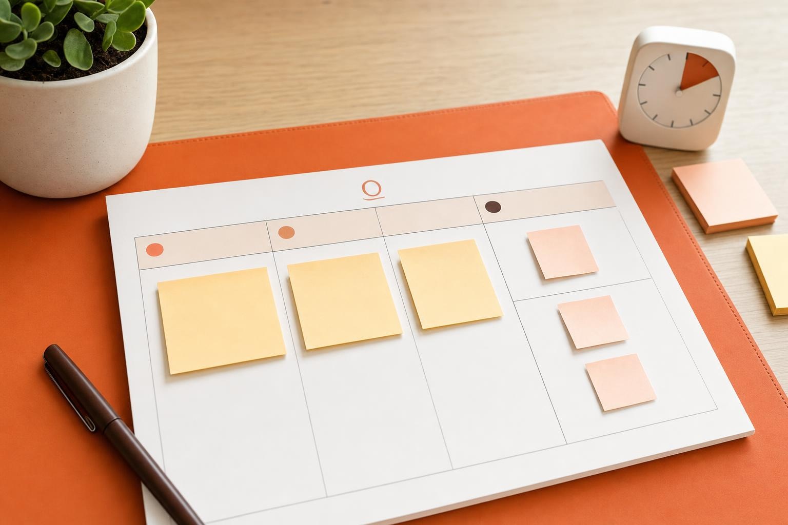 Top Three Outcomes Weekly Board Kanban board with three blank sticky notes and a focus timer on an orange desk mat.