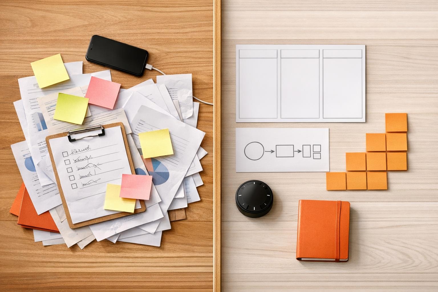 Split desk scene showing chaotic notes versus organized board for leadership consistency.
