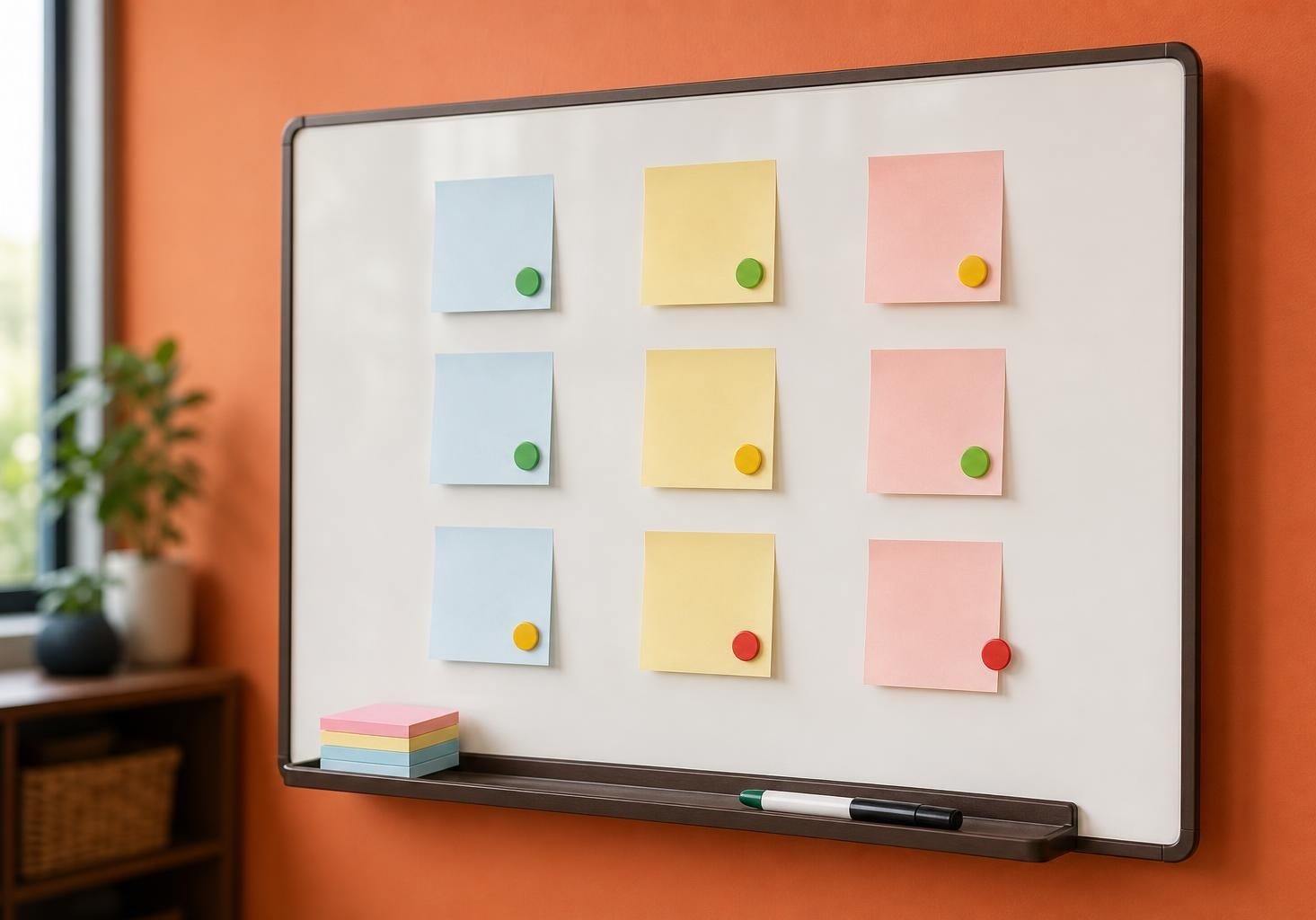 Whiteboard grid of blank sticky notes with green, yellow, and red status dots.