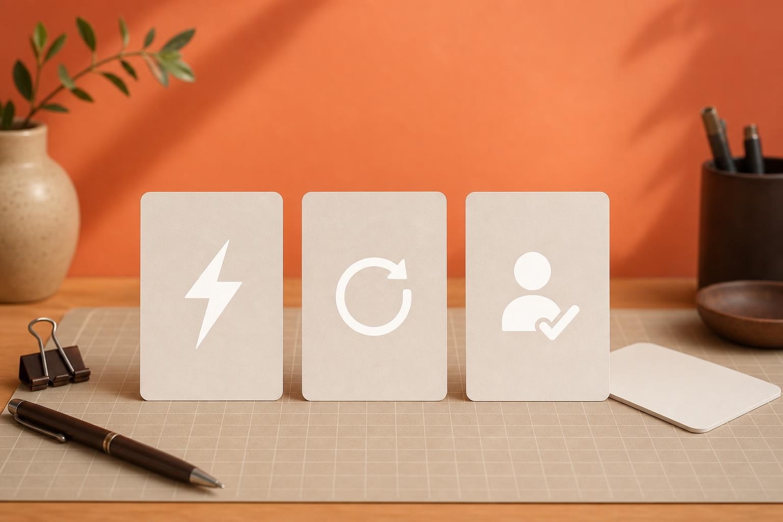 Three icon cards on a desk representing speed, rework, and ownership filters.