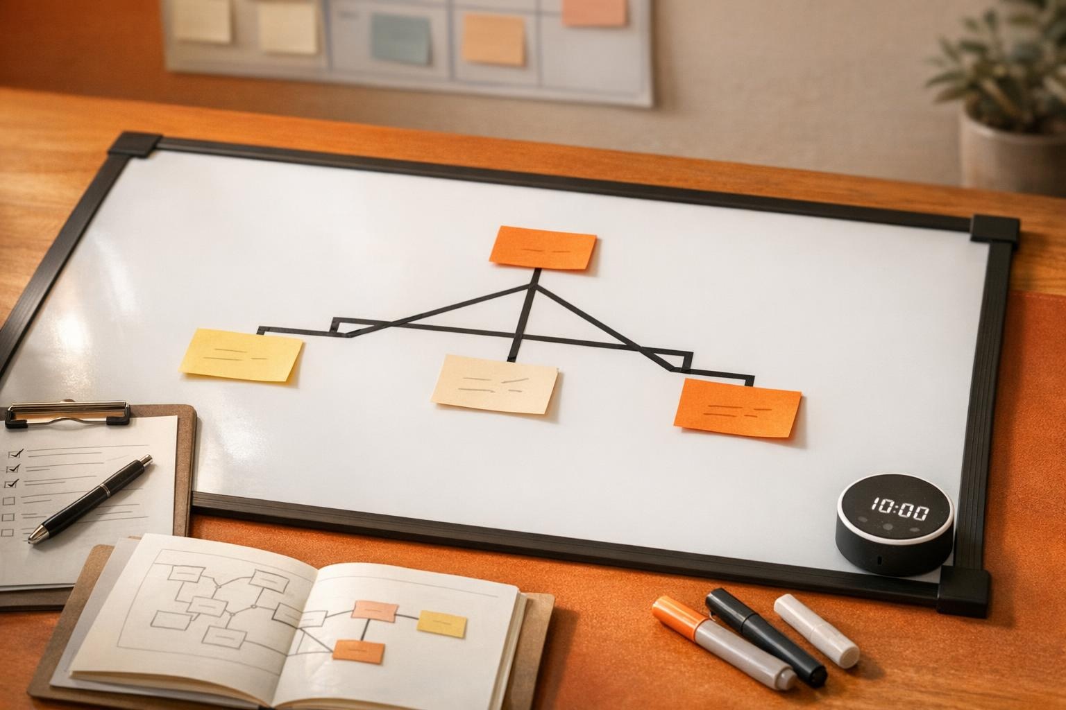 Whiteboard with sticky notes arranged as a branching decision tree, tools and timer nearby.