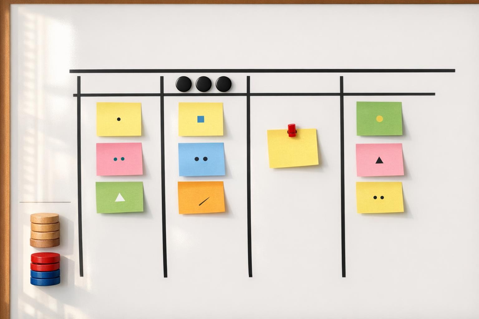 Minimal Kanban capacity board with sticky notes, magnets, and tokens in a clean grid.