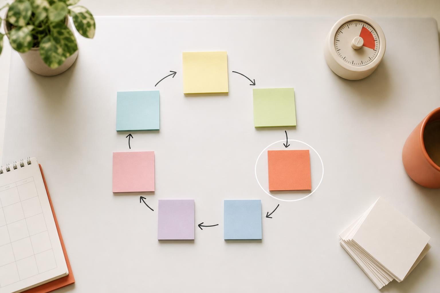 Blank sticky notes in a circle with arrows, showing a closed feedback loop system.