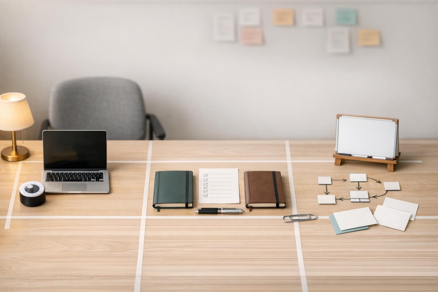 Desk grid comparing body doubling, accountability partner, and mastermind with timer, notebooks, and cards.
