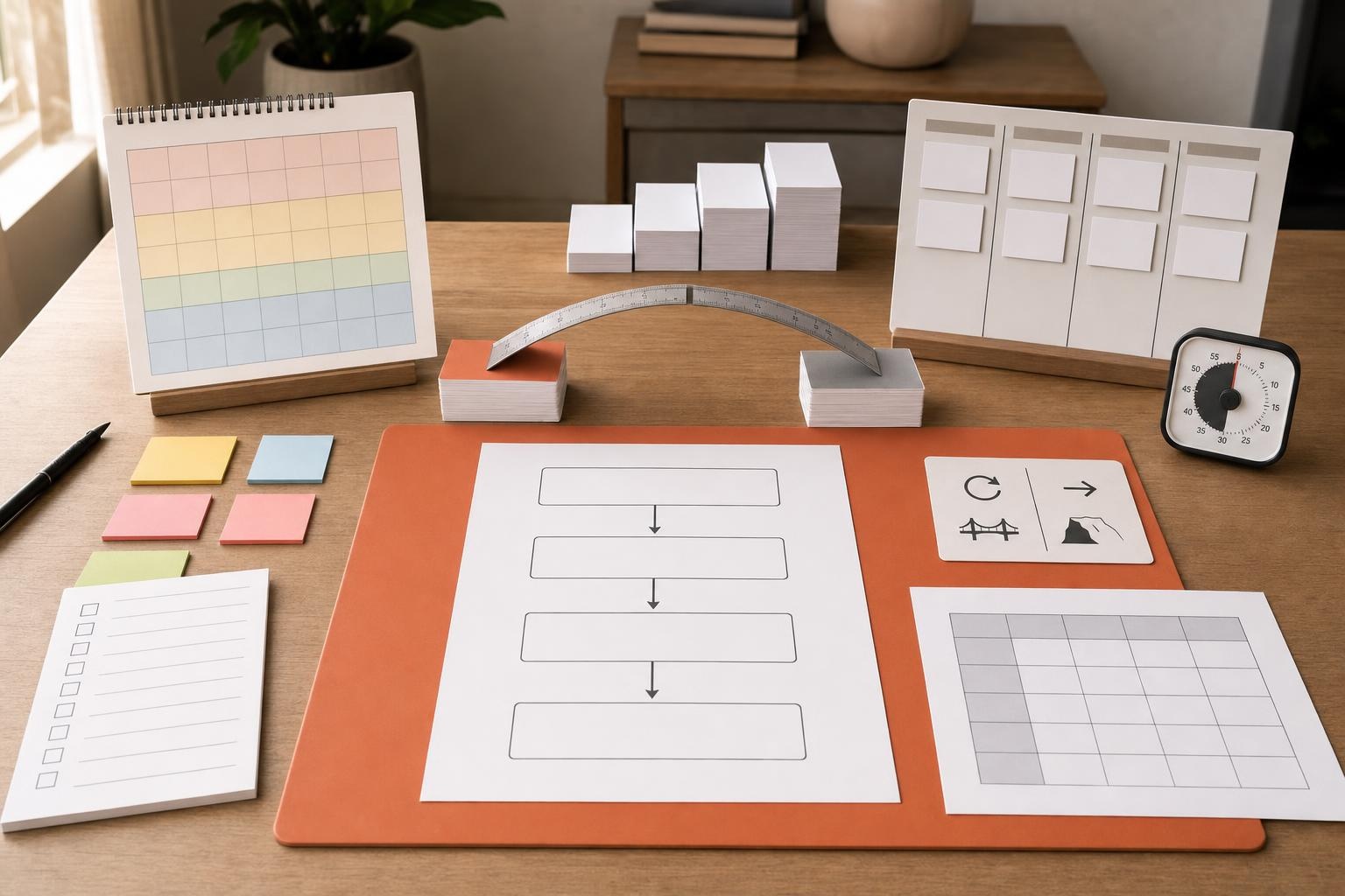 Delegation Framework and 30-Day Cadence Structured delegation worksheet and 30-day calendar arranged with planning tools on a desk.