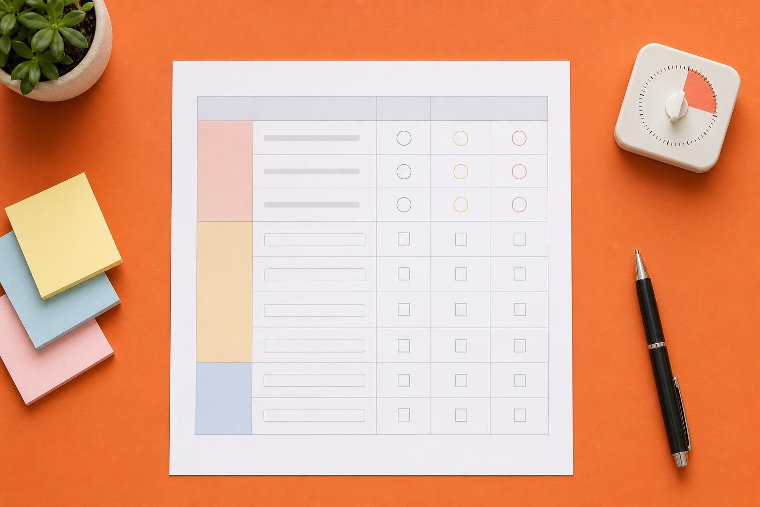 Blank scoreboard template on a desk with progress bars and small status dots.
