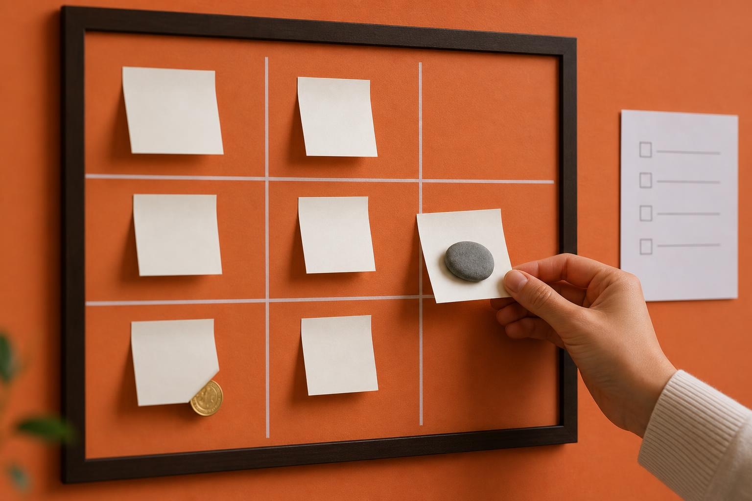 Making rocks visible in huddles Hands move a sticky note beside a small pebble on a kanban board.