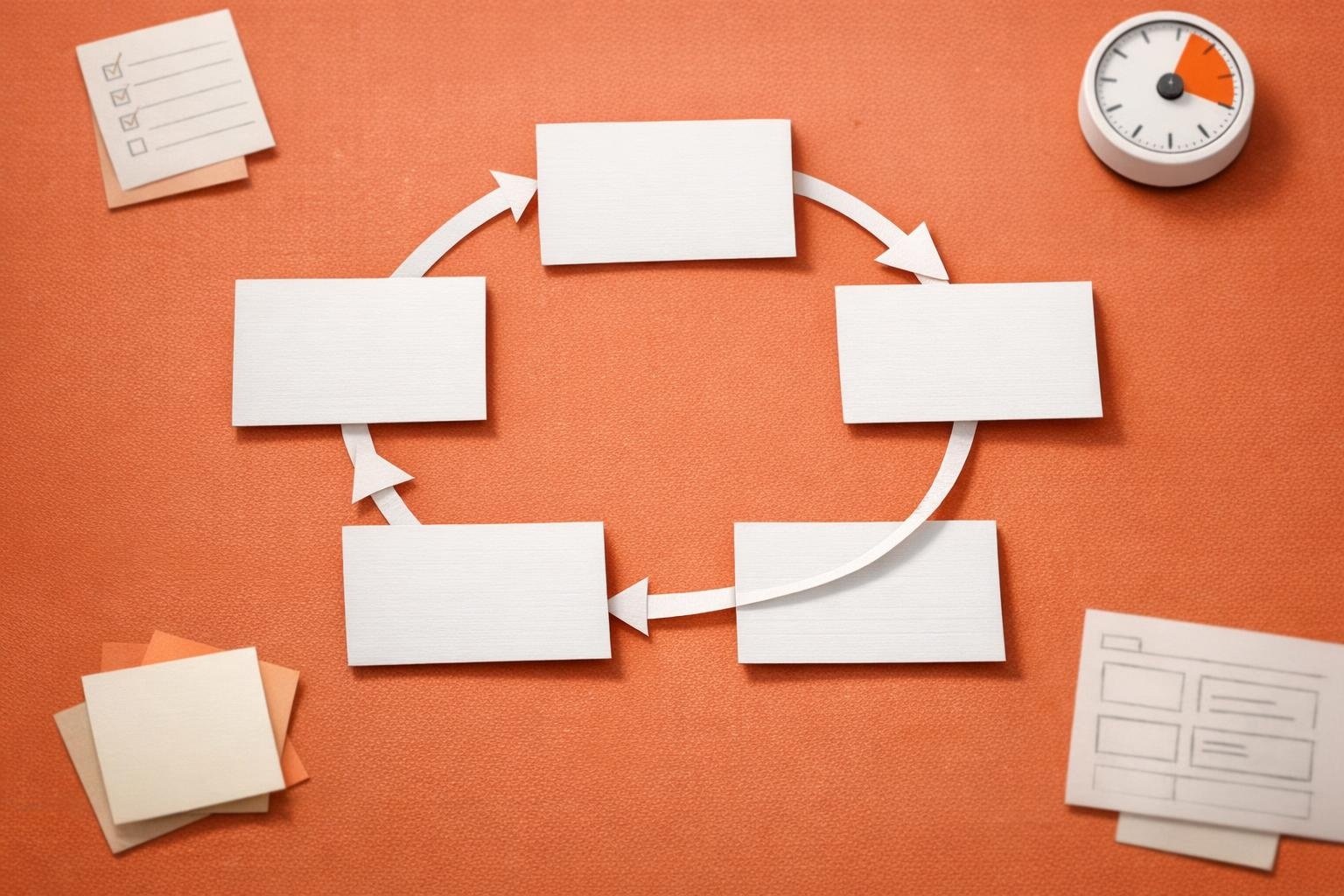 Five white cards form a loop on an orange desk, connected like a process cycle.