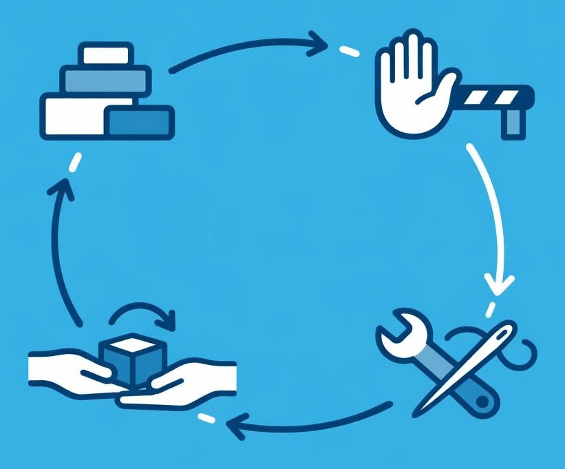 Circular diagram with four icons for reduce, resist, repair, and borrowing or recommerce.