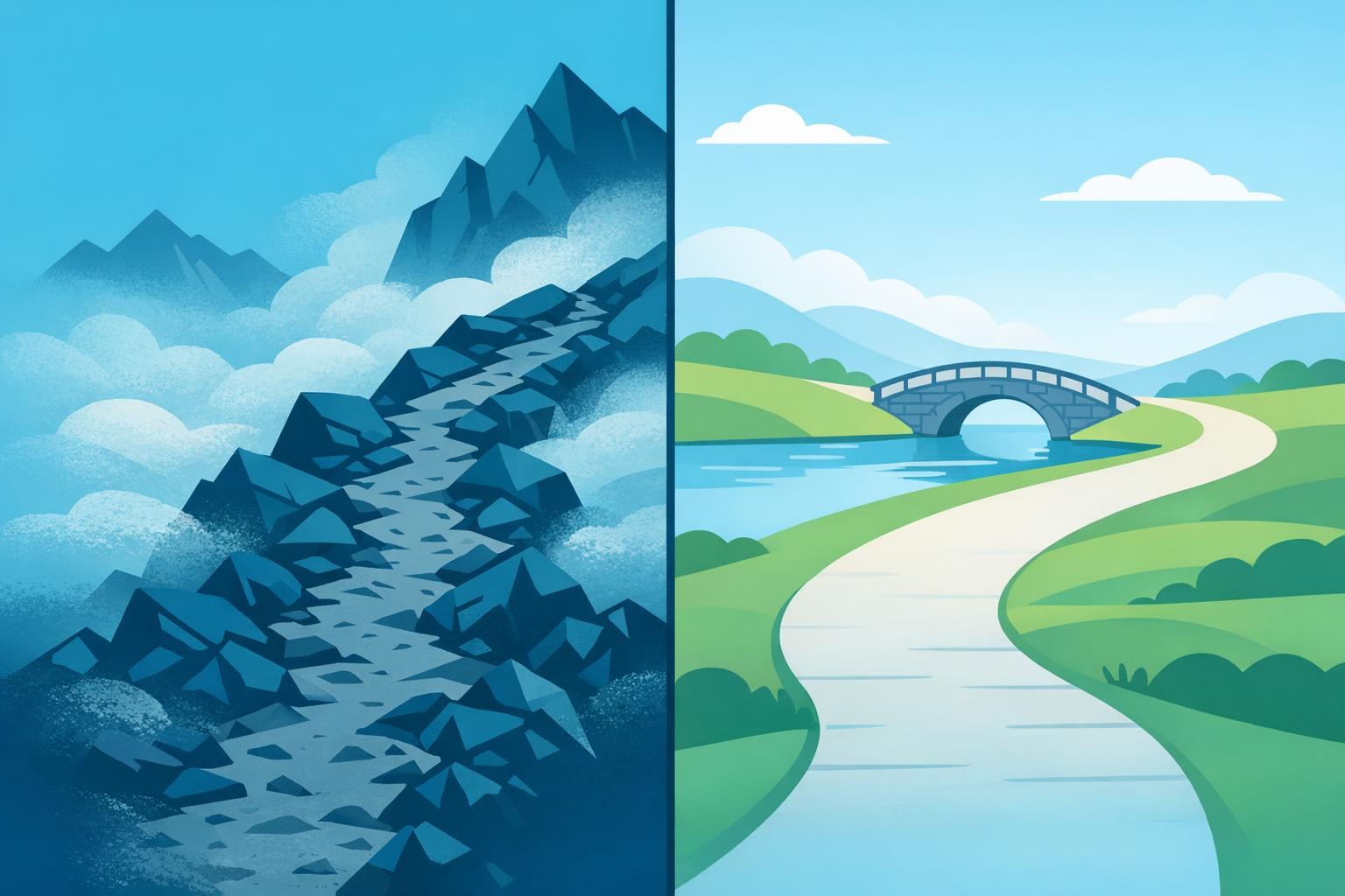 Two minimalist paths, one rocky and tense, one open and calm, symbolizing debate versus dialogue.