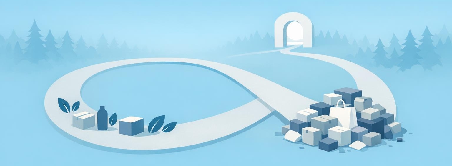 Misty forest path loops past packages and clutter, then opens into a bright clearing.