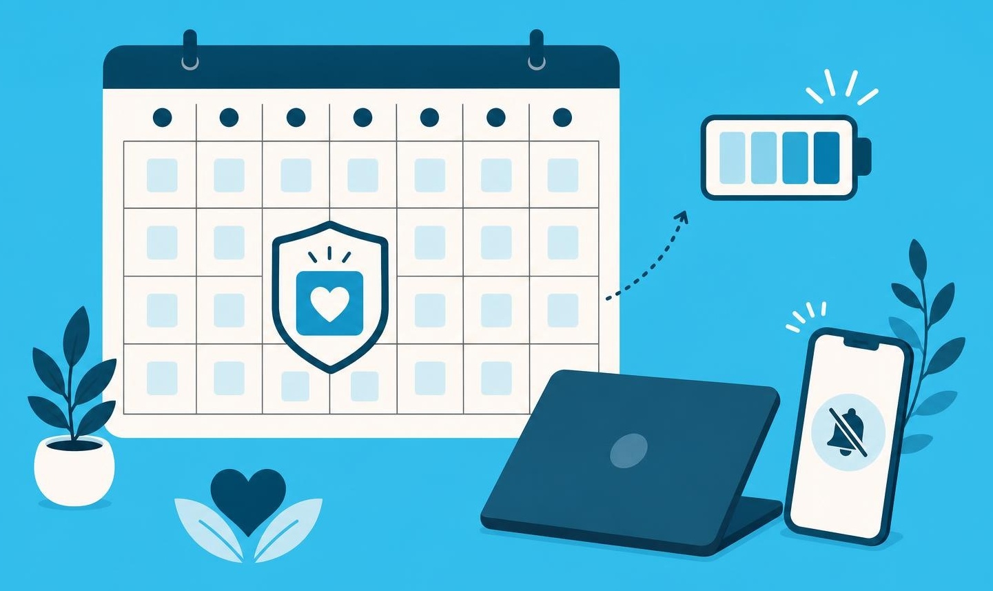 Protected Day Off Weekly Rhythm Weekly calendar with one protected day, closed laptop, muted phone notifications, and rising energy icon.