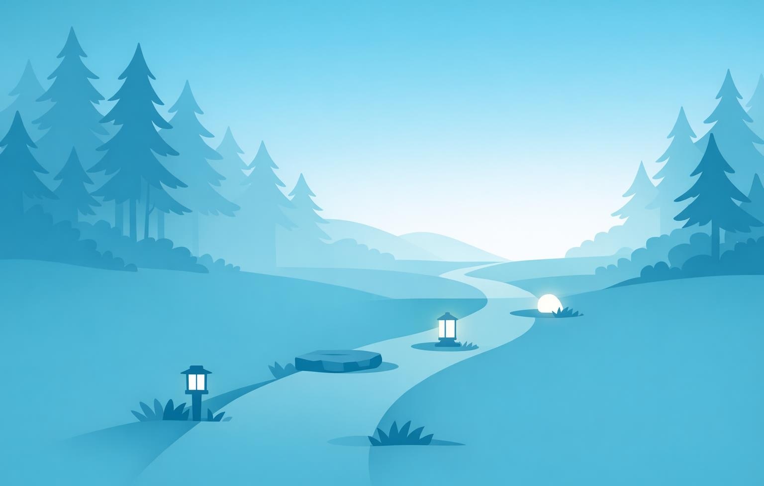 Misty forest path with four subtle glowing markers leading toward a bright clearing, suggesting calm progress.