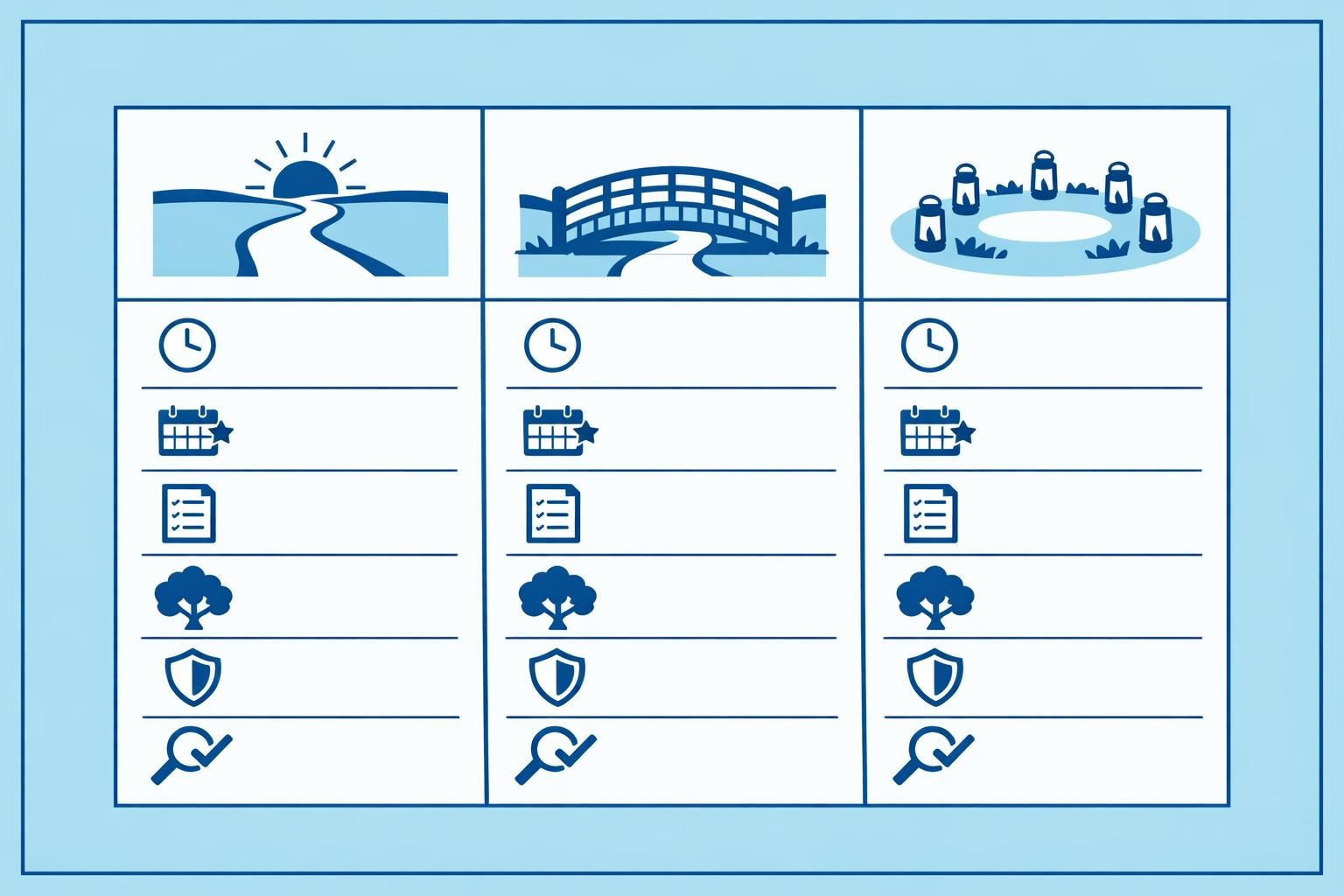 Text-free three-column graphic comparing giving paths using icons and minimalist landscapes.