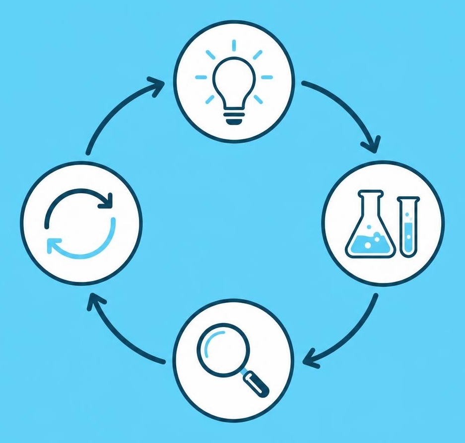 Circular diagram showing hypothesis, trial, review, and iterate as an experiment loop.
