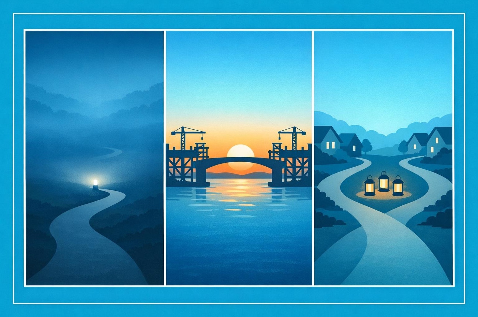 Three-panel minimalist landscapes contrasting urgent relief, long-term capacity building, and reciprocal community support.