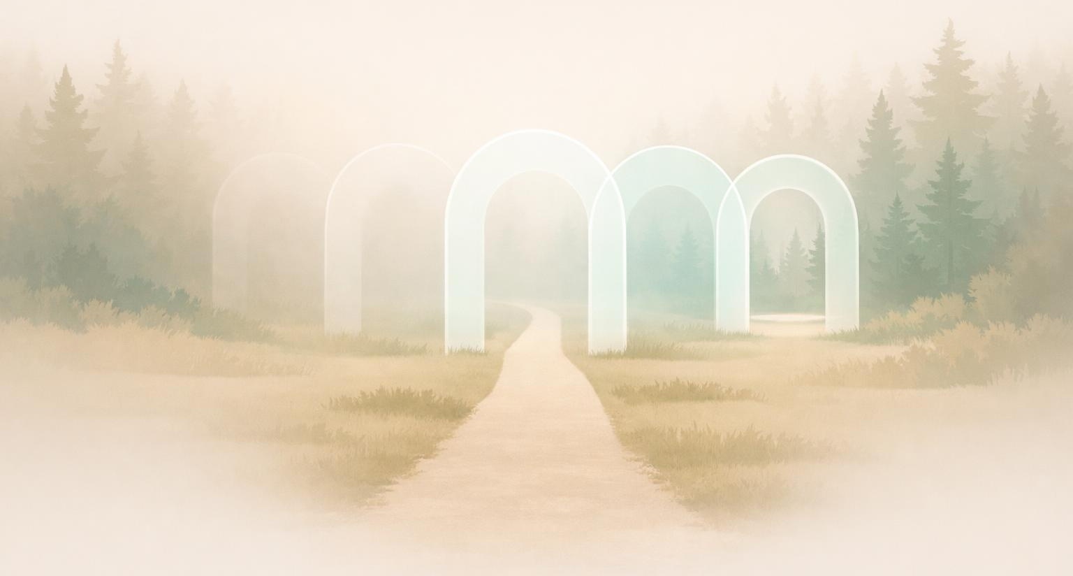 Misty forest path passing through five glowing arches, symbolizing filtered speech in conflict.