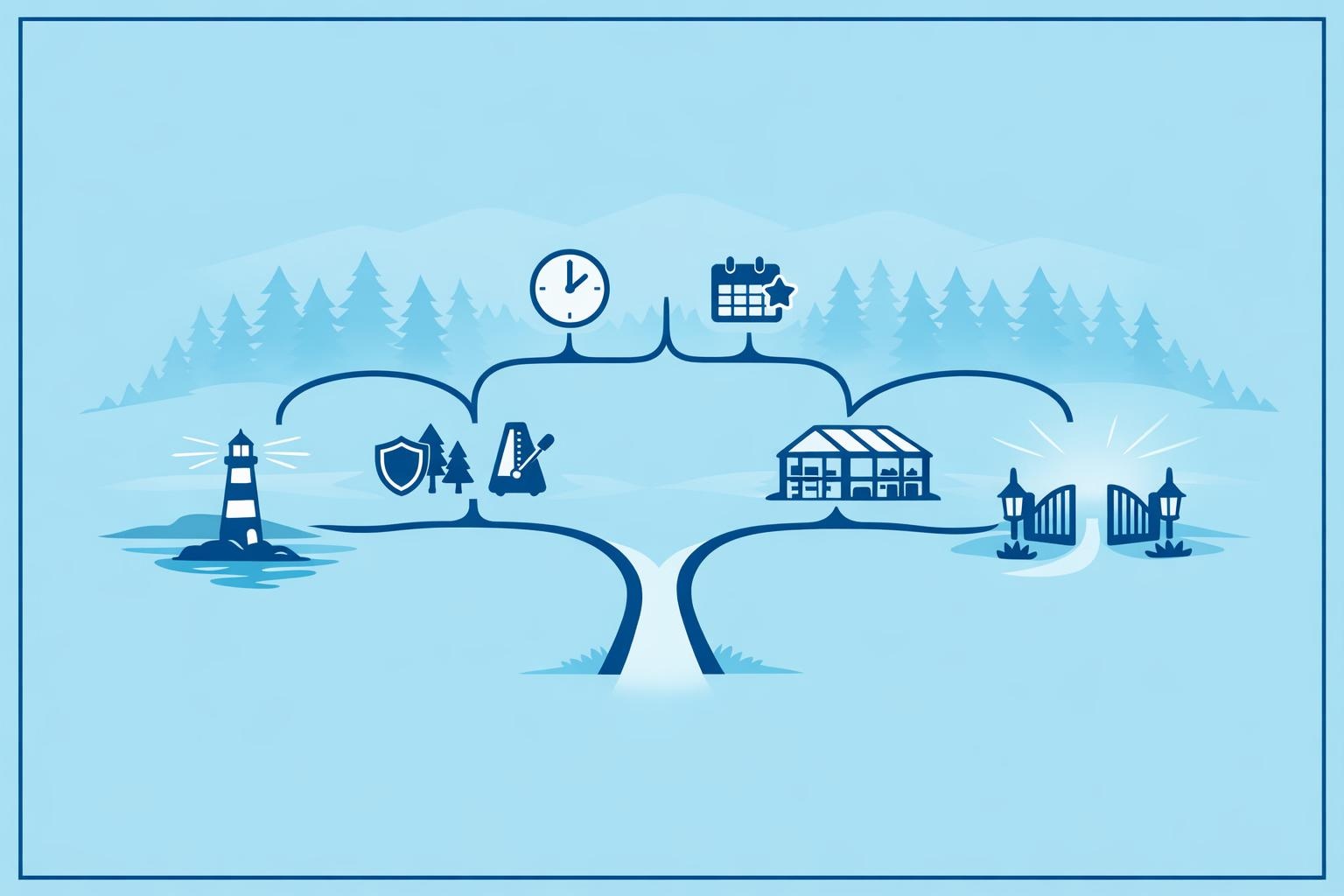 Branching forest-path map with icons leading to lighthouse, pavilion, and garden gate.