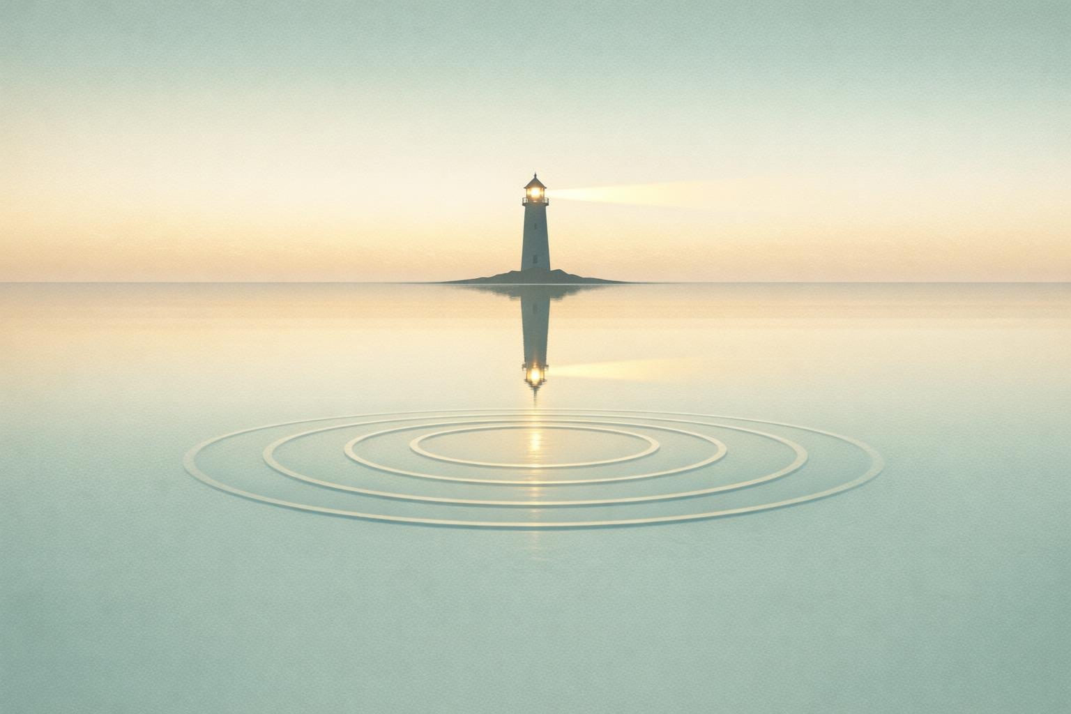 Lighthouse reflected on calm water with gentle ripples, symbolizing mirroring and empathy.