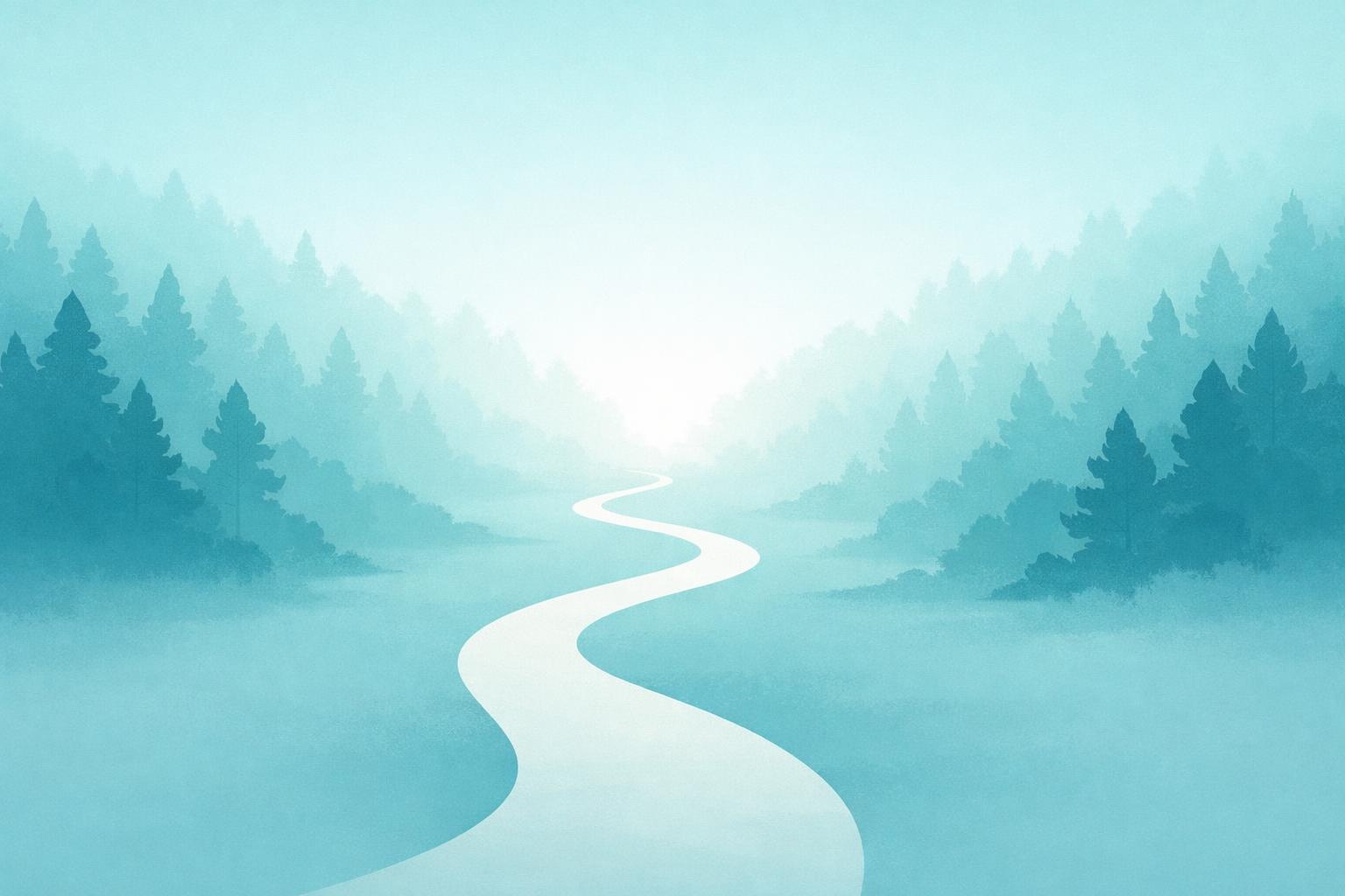 A winding path through a misty forest with soft light ahead, symbolizing clarity.